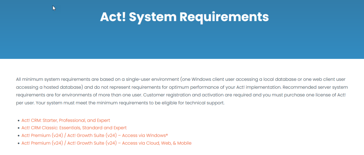Act CRM Version 24 (v24) System Requirements Friendly Act CRM